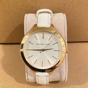 MIchael Kors Slim Runway White Dial White Leather Ladies Watch MK2273 Gold Tone